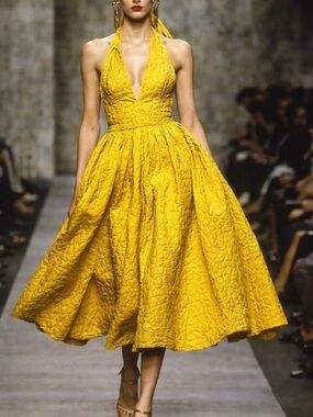 Couture Designer Jean Paul Gaultier Yellow Halter Backless Dress 2016